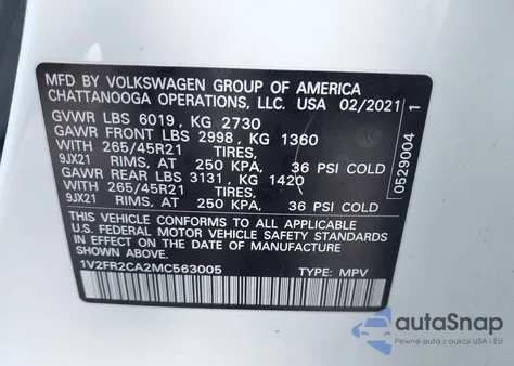 2021 Volkswagen Atlas 3.6L V6 Sel Premium R-Line z USA, uszkodzony, nr VIN 1V2FR2CA2MC563005